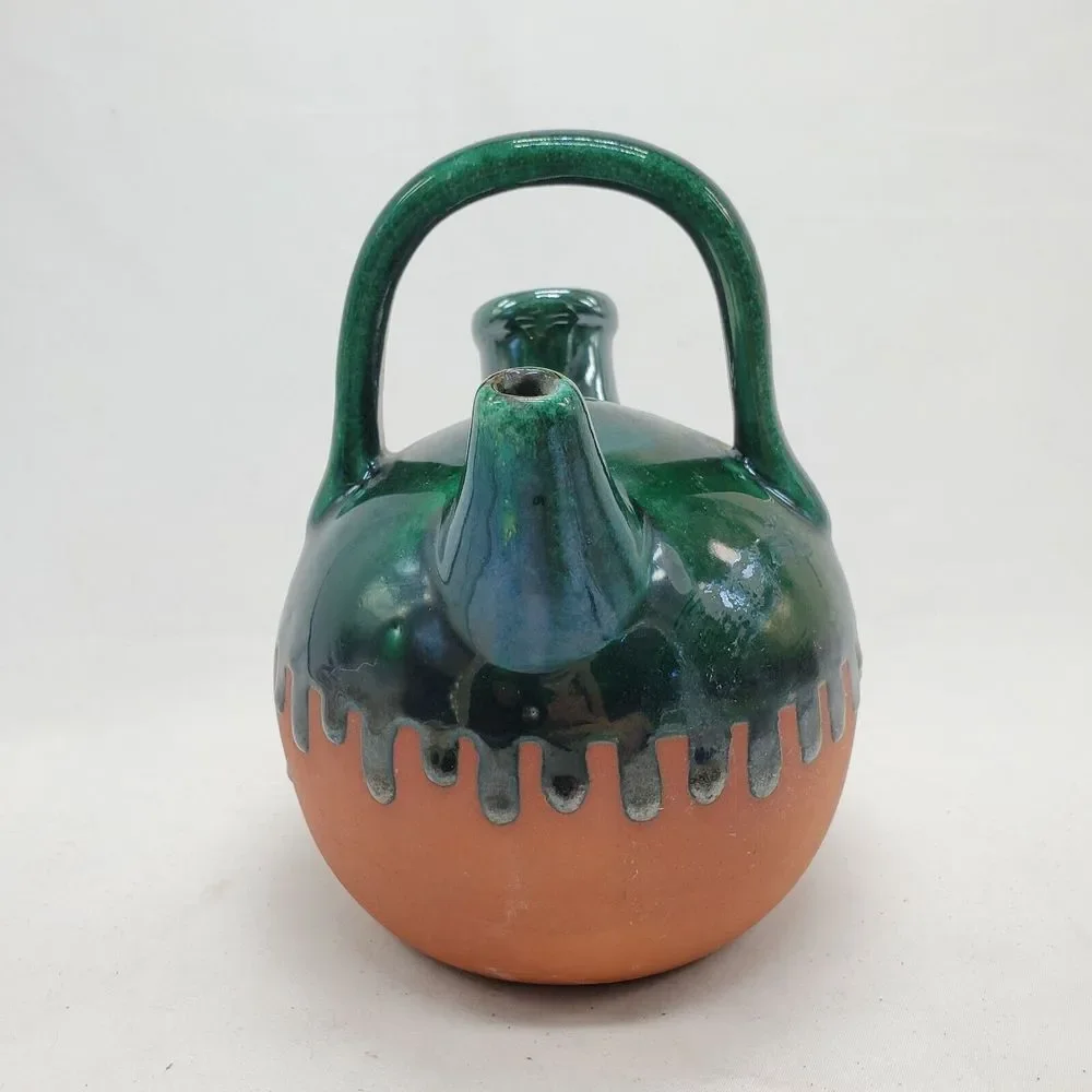 French Clay Terracotta Green Drip Glazed Gargoulette Pottery 10 x 7 liquor Jug..